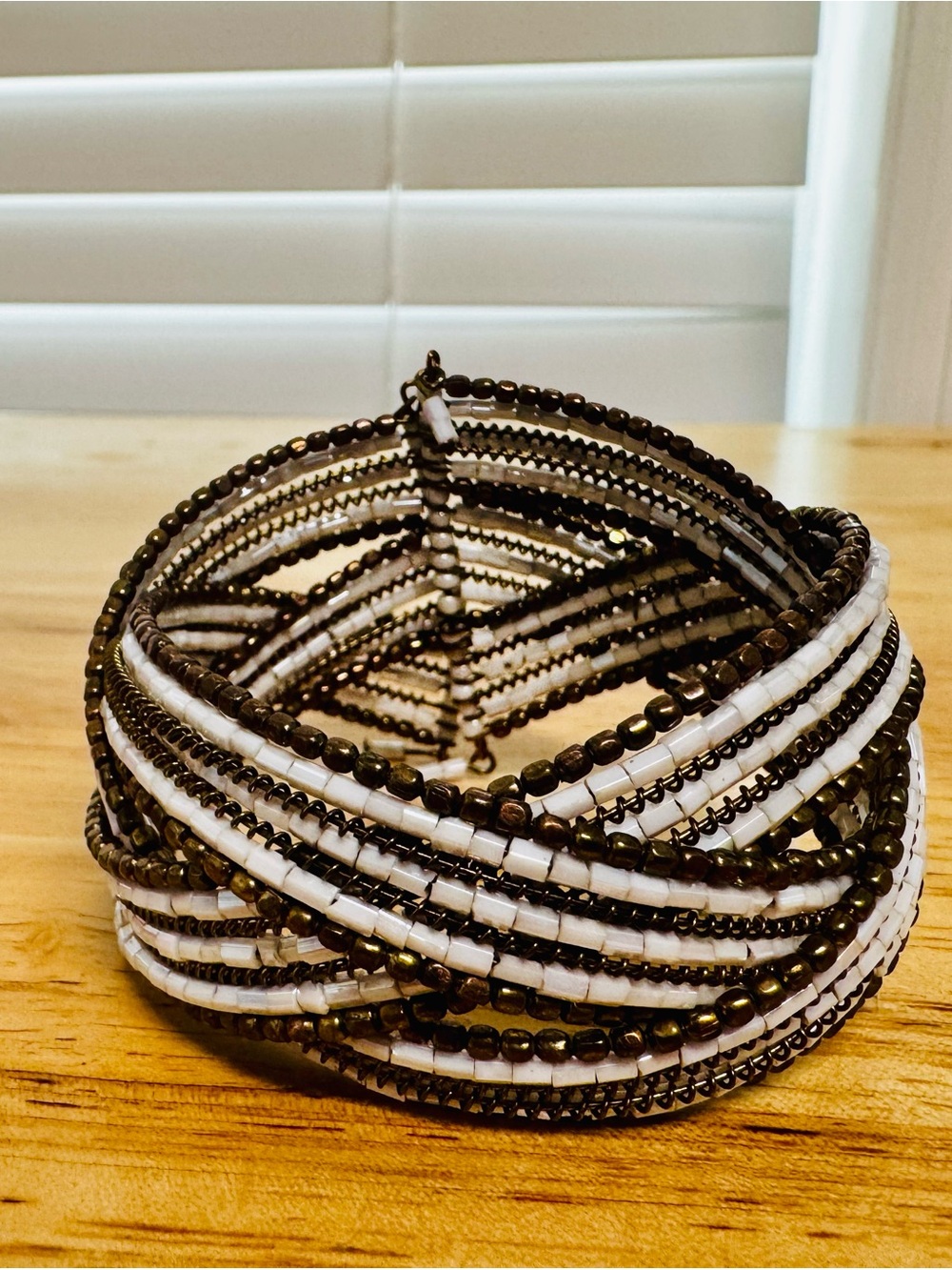 White and Bronze Multi-Row Beaded Wrap Bracelet — Layered Style